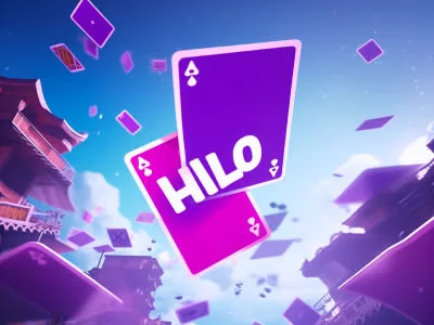 An image for the card game 'Hilo' featuring two Aces of Spades with the game's title, floating in a blue sky with other cards and buildings in the background.